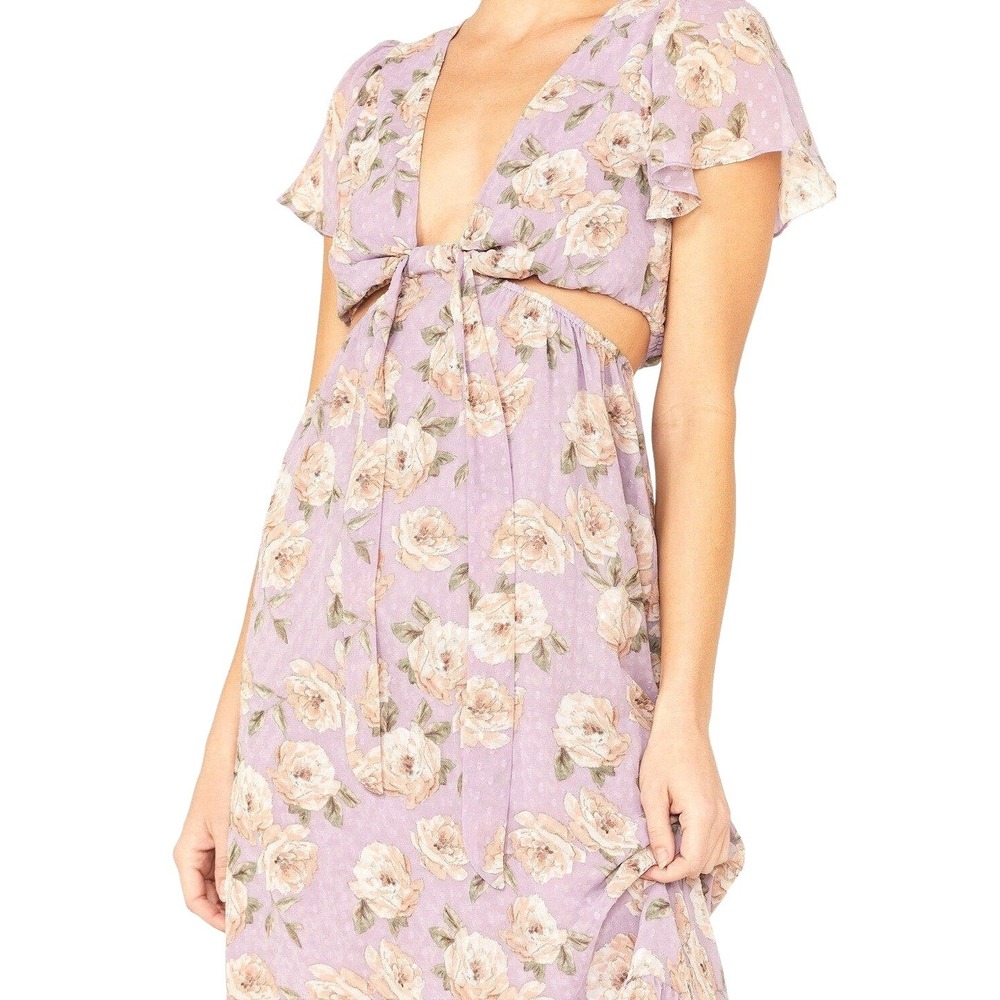 Sage The Label Lavender Floral Cut-Out Tie Front Midi Dress XS New